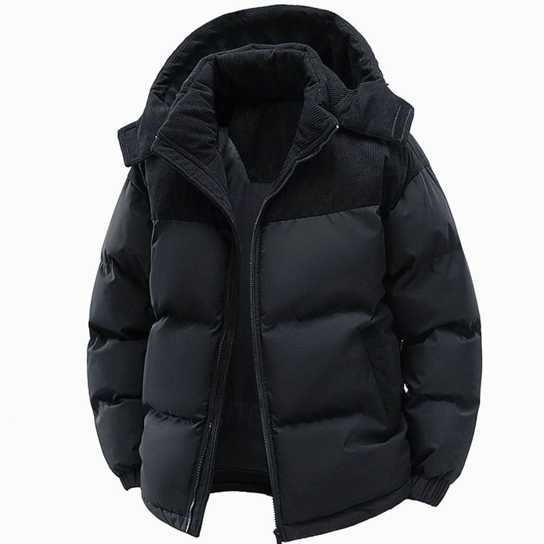 Men's Quilted Hooded Two-Tone Corduroy Puffer Jacket - Black