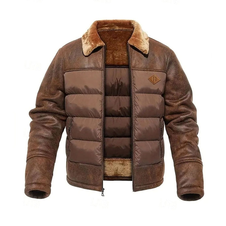 Men's Quilted Jacket Insulated Sherpa-Collar Coated Puffer - Dark Brown