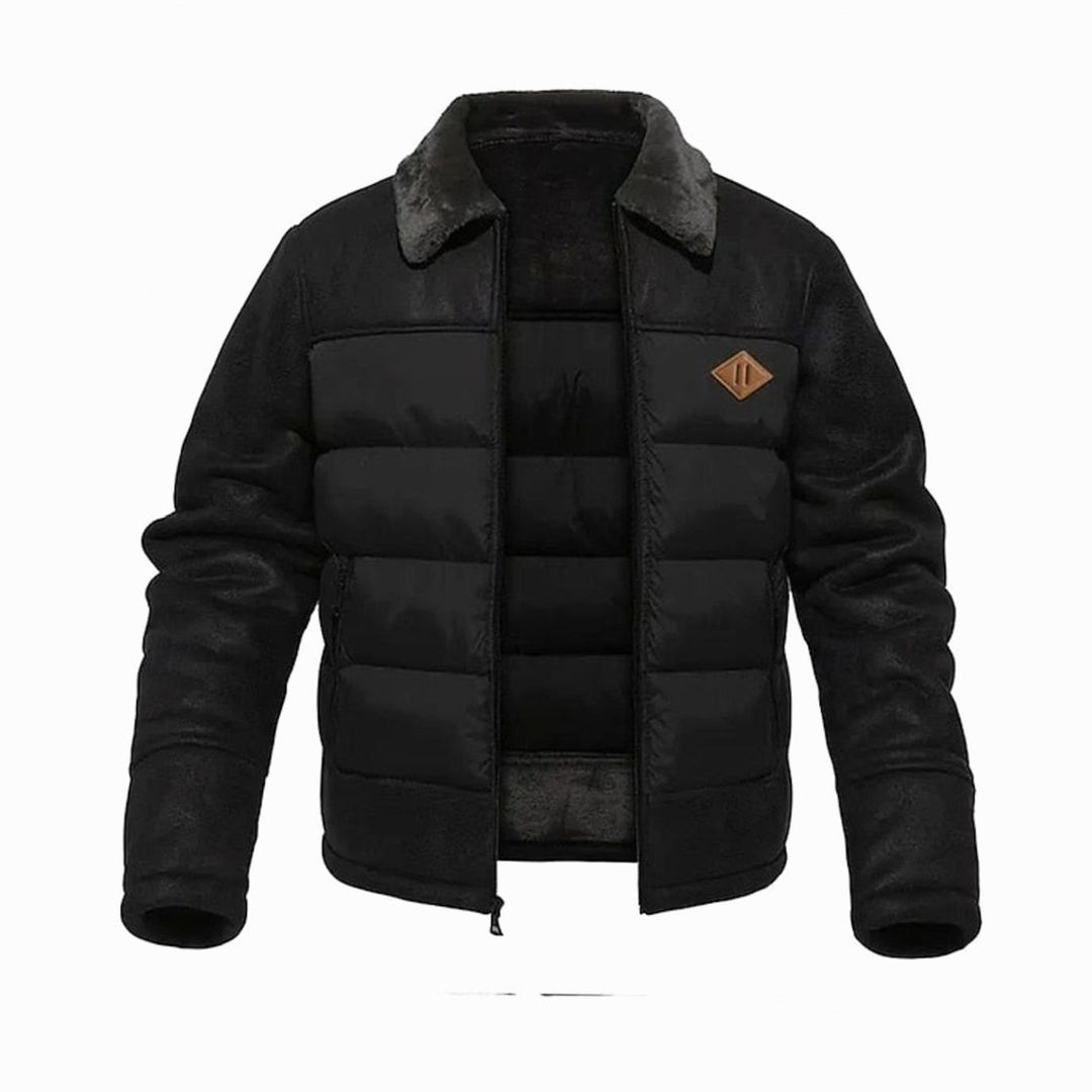 Men's Quilted Jacket Insulated Sherpa-Collar Coated Puffer - Black