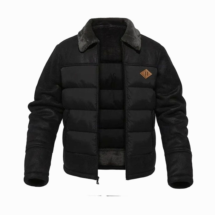 Men's Quilted Jacket Insulated Sherpa-Collar Coated Puffer - Black