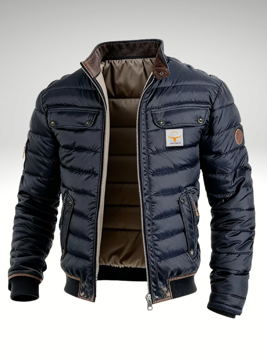 Men's Quilted Jacket Insulated Stand-Collar Puffer Bomber - Navy Blue