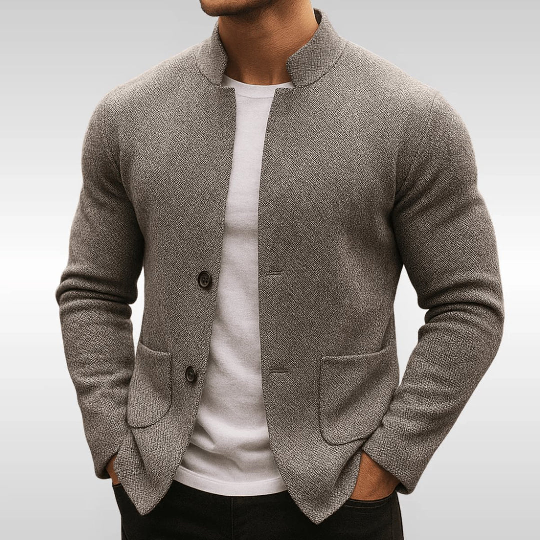 Men's Quilted Jacket Knit Texture Stand Collar Button-Up Blazer - Gray