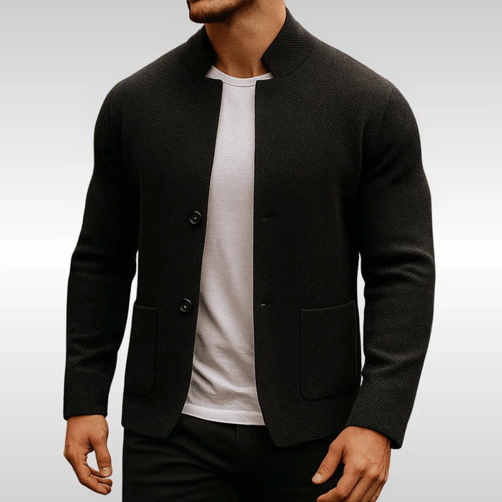 Men's Quilted Jacket Knit Texture Stand Collar Button-Up Blazer - Black