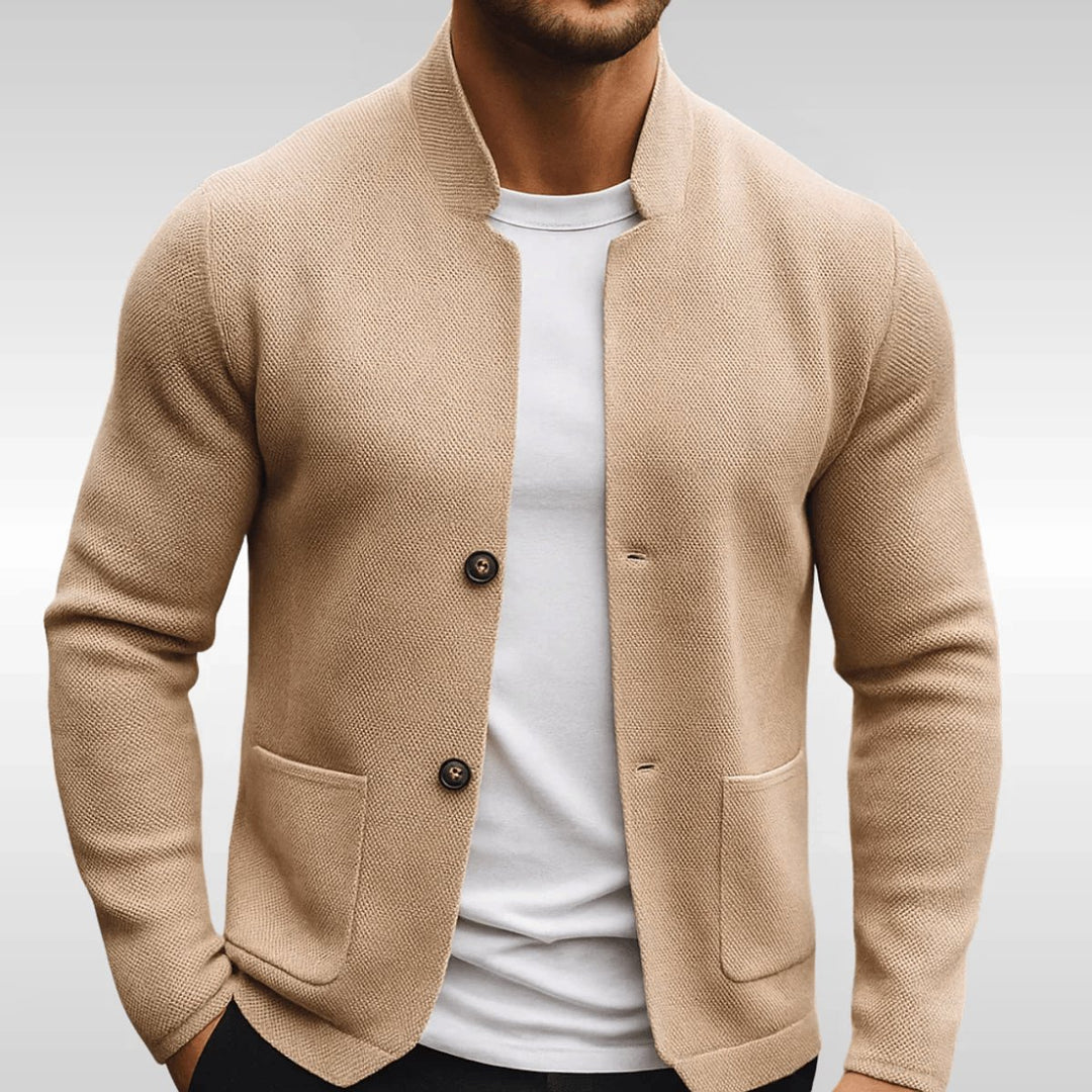 Men's Quilted Jacket Knit Texture Stand Collar Button-Up Blazer - Beige