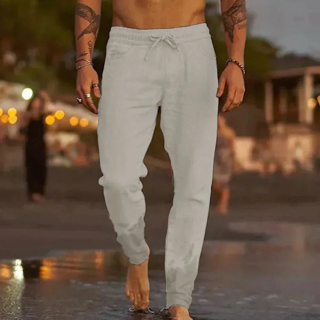 Men's Relaxed-Fit Drawstring Linen Pants - Light Gray