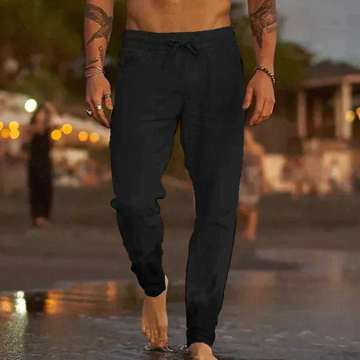 Men's Relaxed-Fit Drawstring Linen Pants - Black