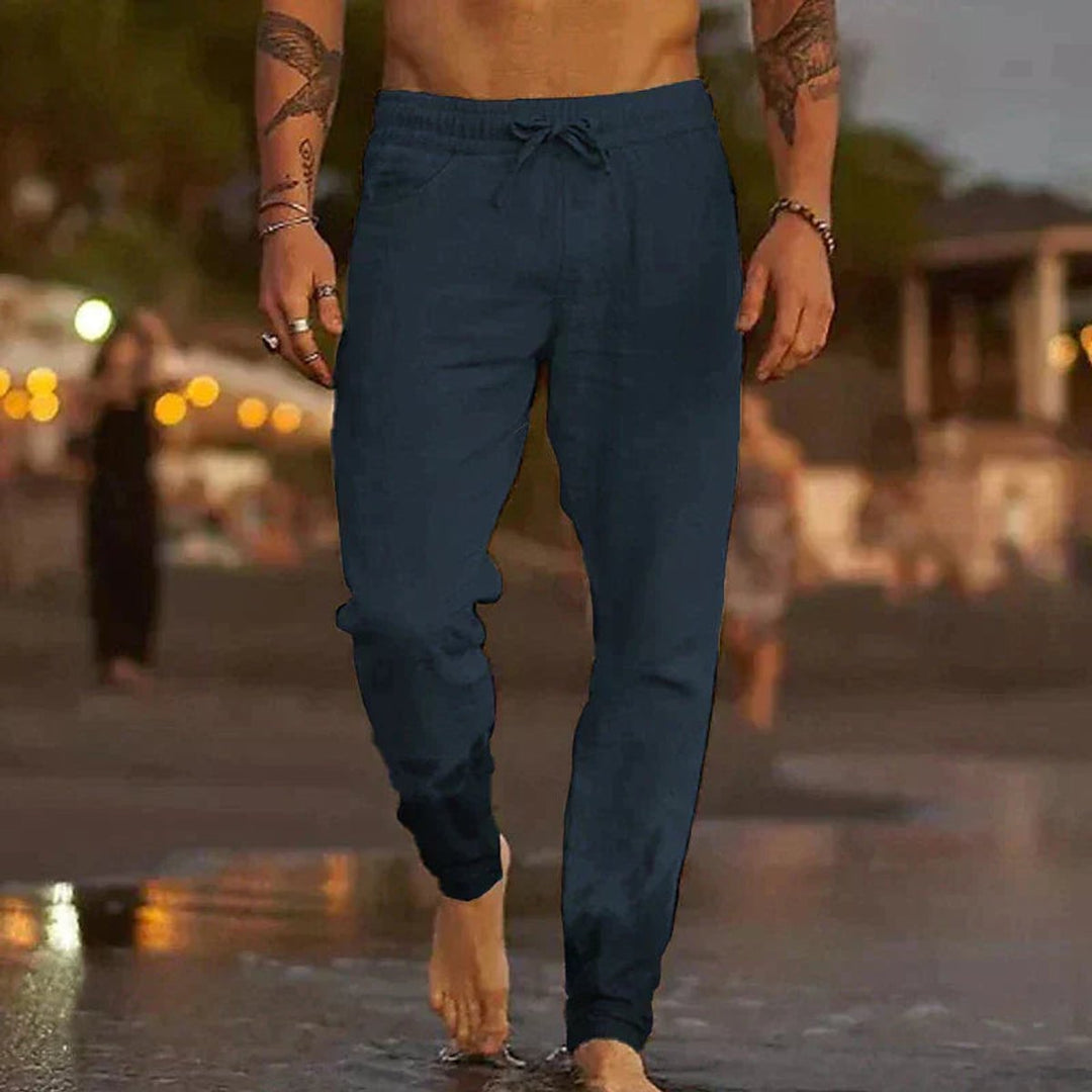 Men's Relaxed-Fit Drawstring Linen Pants - Dark Blue