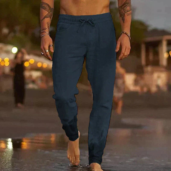 Men's Relaxed-Fit Drawstring Linen Pants - Dark Blue