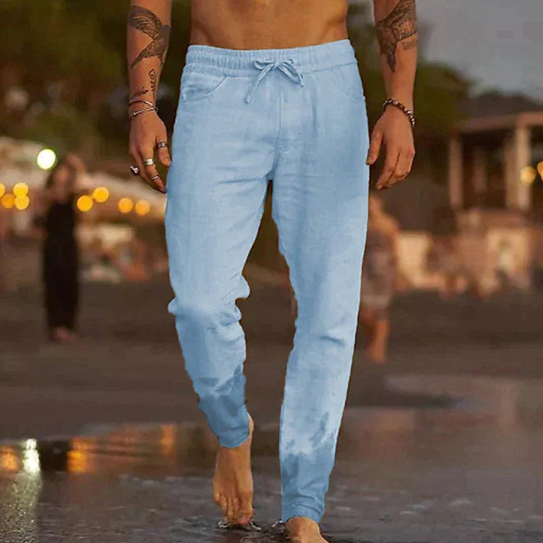 Men's Relaxed-Fit Drawstring Linen Pants - Light Blue