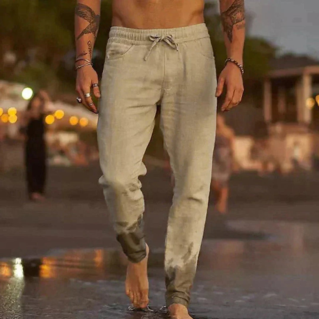 Men's Relaxed-Fit Drawstring Linen Pants - Khaki