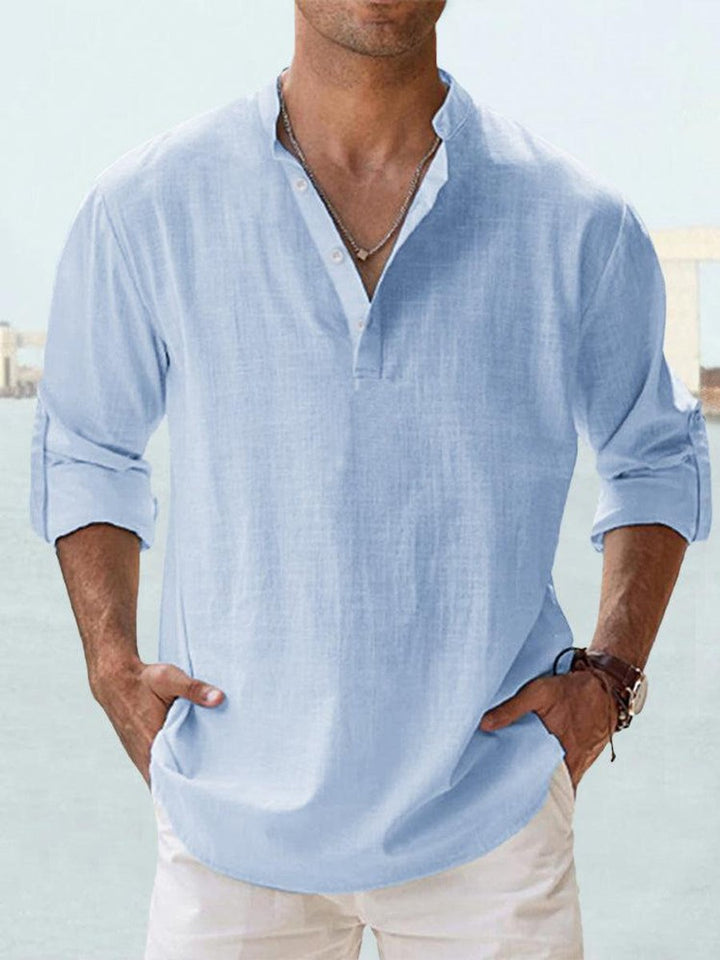 Men's Relaxed-Fit Linen Henley Long-Sleeve Button-Up Shirt - Blue