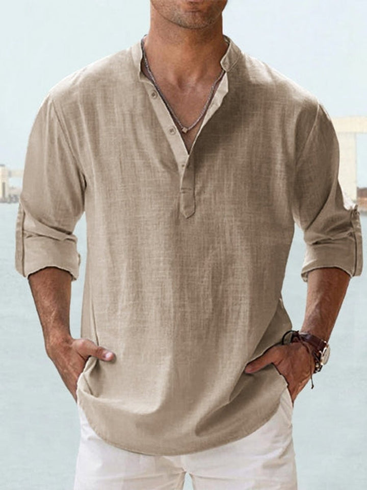 Men's Relaxed-Fit Linen Henley Long-Sleeve Button-Up Shirt - Khaki