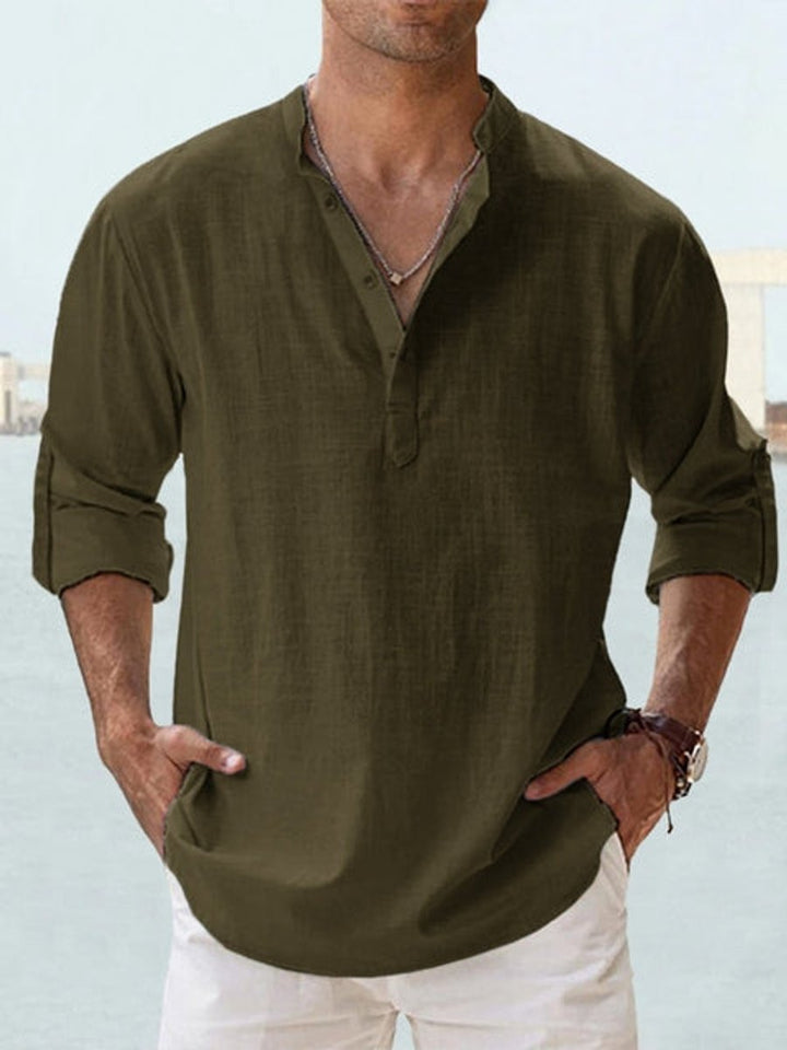 Men's Relaxed-Fit Linen Henley Long-Sleeve Button-Up Shirt - Dark Green