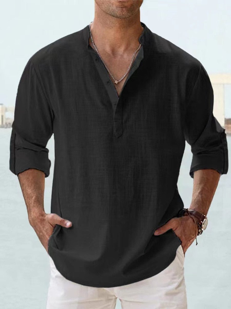 Men's Relaxed-Fit Linen Henley Long-Sleeve Button-Up Shirt - Black