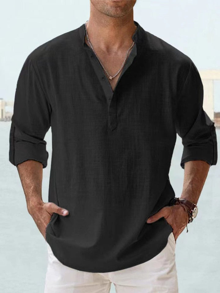 Men's Relaxed-Fit Linen Henley Long-Sleeve Button-Up Shirt - Black