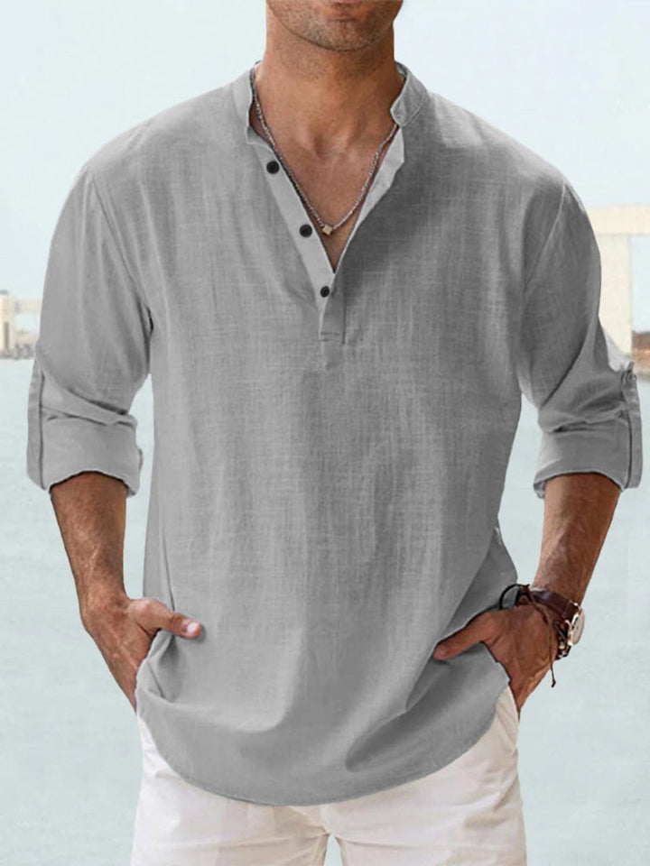 Men's Relaxed-Fit Linen Henley Long-Sleeve Button-Up Shirt - Gray
