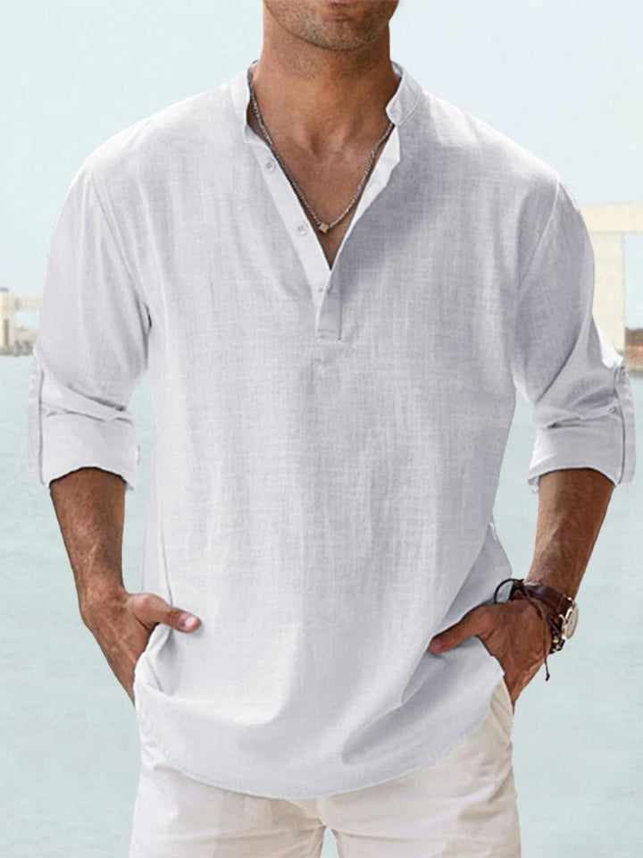Men's Relaxed-Fit Linen Henley Long-Sleeve Button-Up Shirt - White