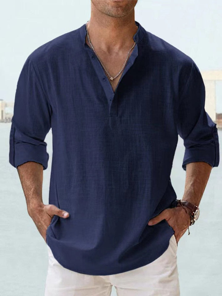 Men's Relaxed-Fit Linen Henley Long-Sleeve Button-Up Shirt - Navy Blue