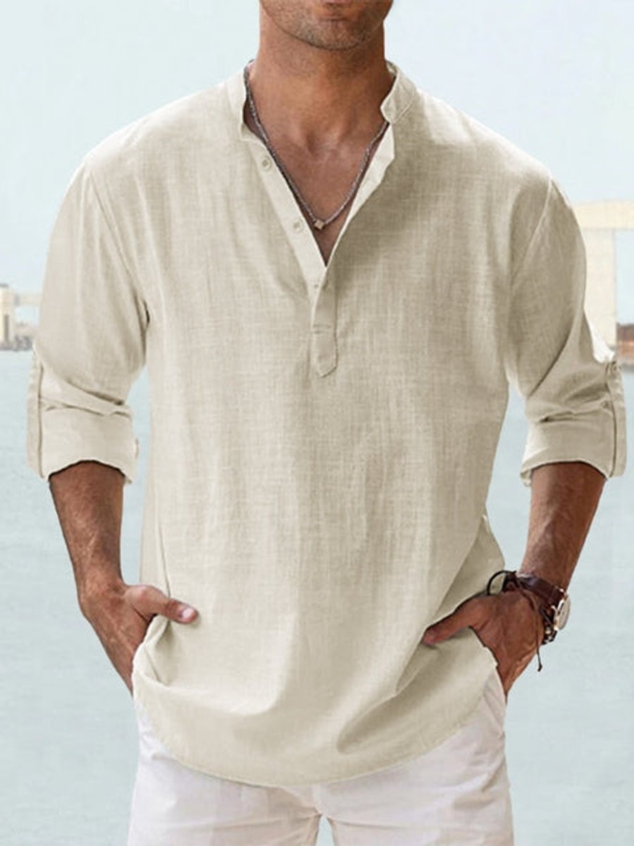 Men's Relaxed-Fit Linen Henley Long-Sleeve Button-Up Shirt - Peach