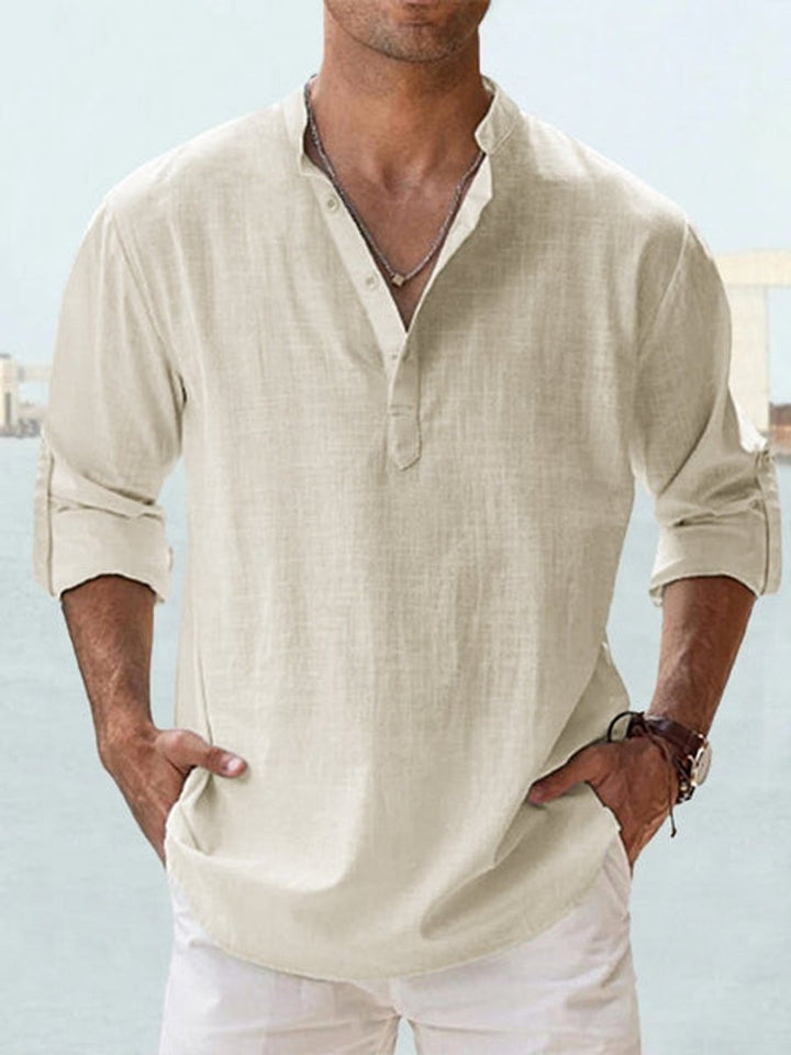 Men's Relaxed-Fit Linen Henley Long-Sleeve Button-Up Shirt - Peach