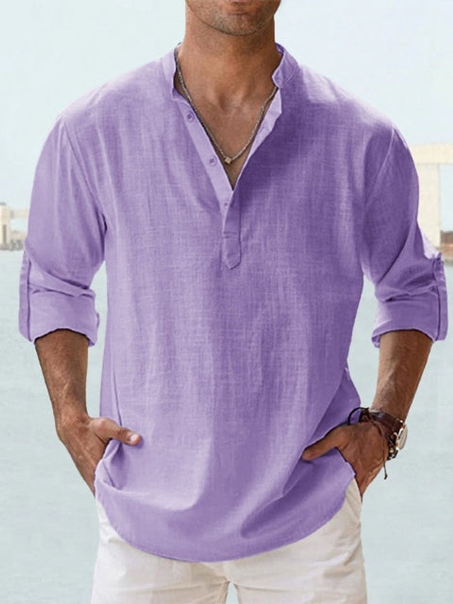 Men's Relaxed-Fit Linen Henley Long-Sleeve Button-Up Shirt - Purple
