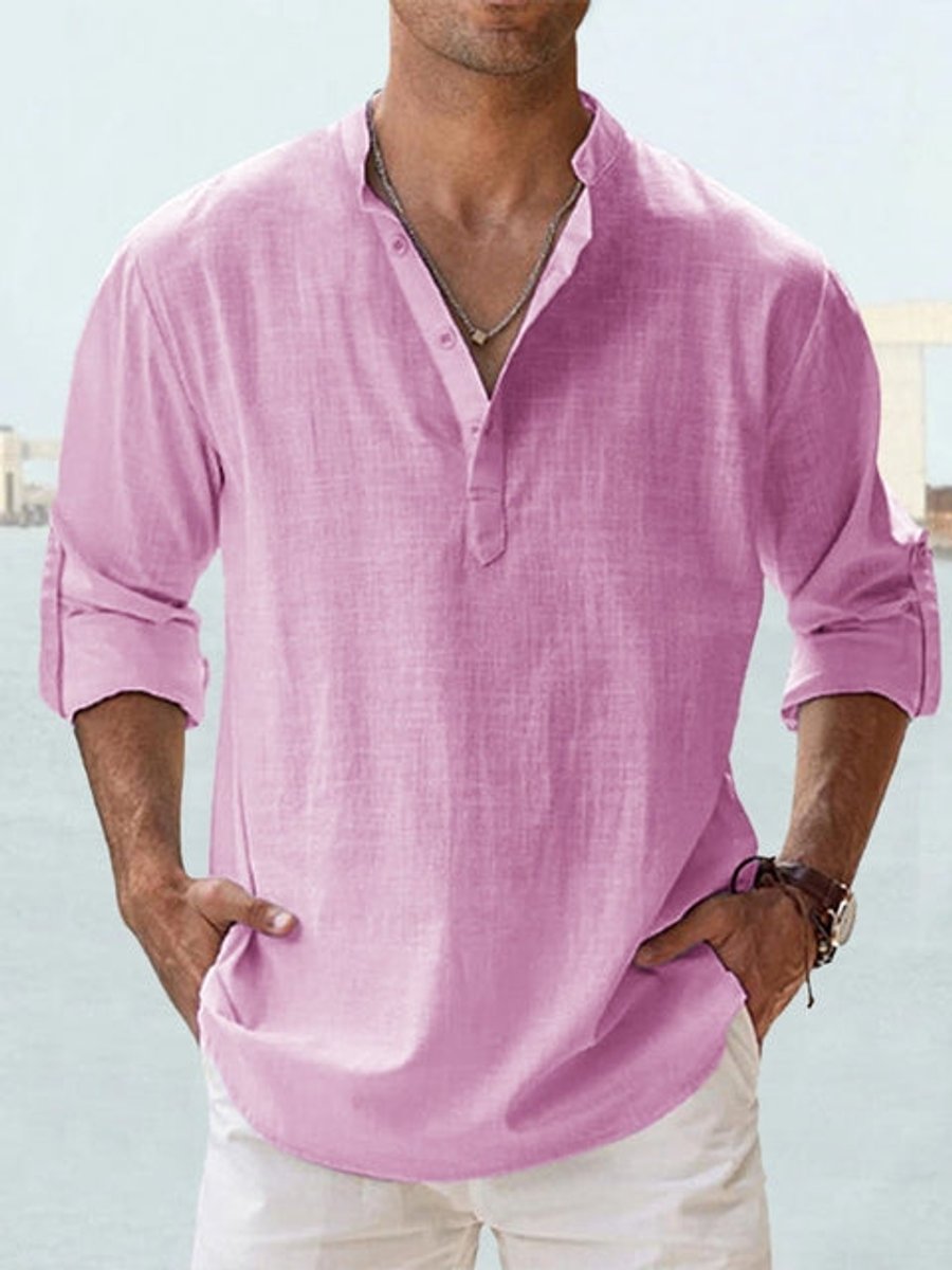 Men's Relaxed-Fit Linen Henley Long-Sleeve Button-Up Shirt - Light Pink