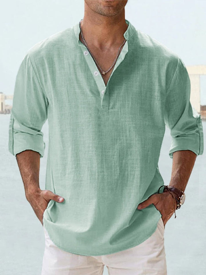 Men's Relaxed-Fit Linen Henley Long-Sleeve Button-Up Shirt - Green