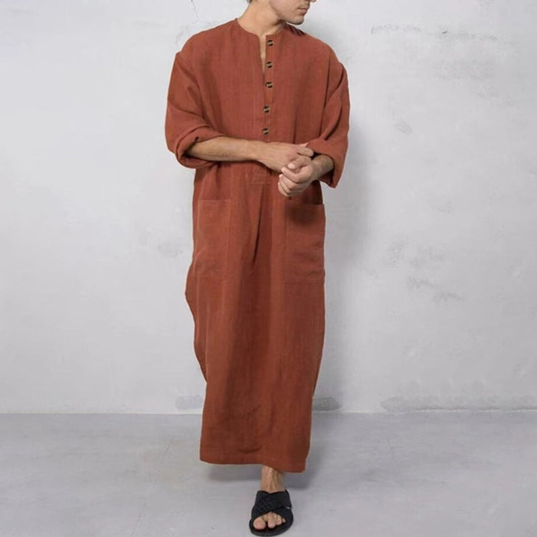 Men's Relaxed-Fit Linen Maxi Tunic Kaftan Elbow-Sleeve