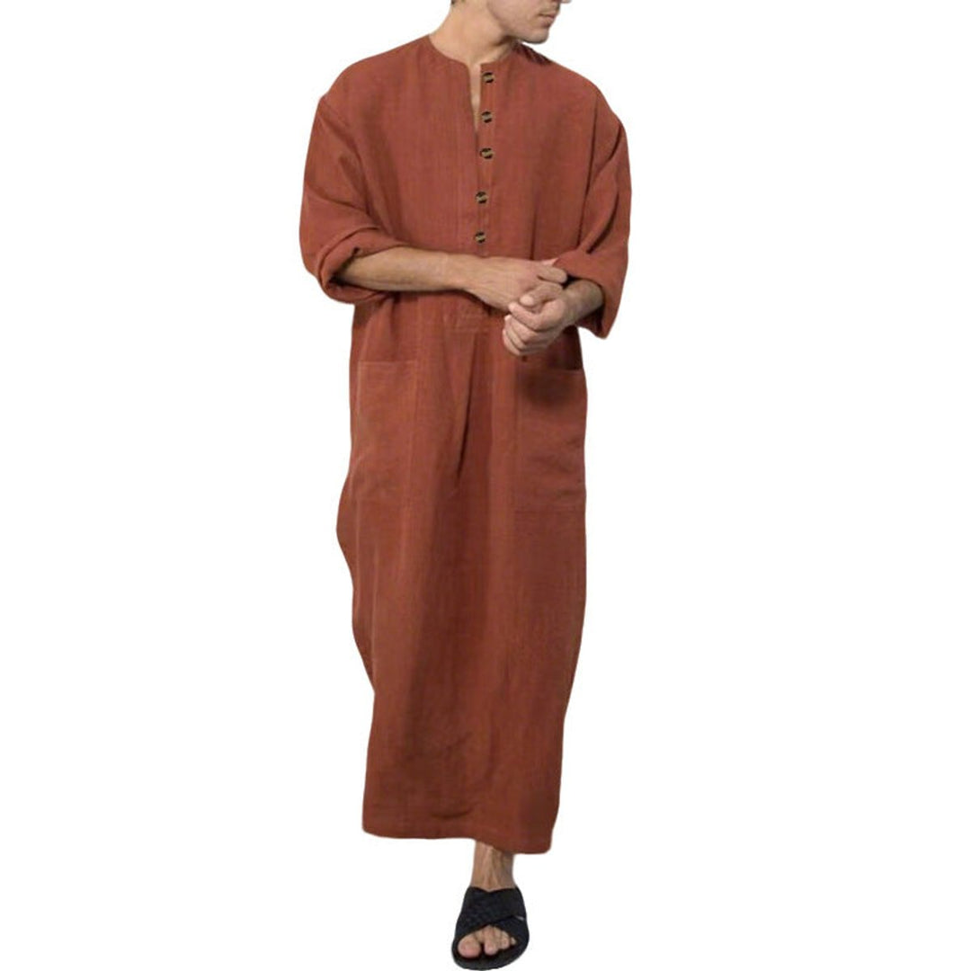 Men's Relaxed-Fit Linen Maxi Tunic Kaftan Elbow-Sleeve - Brown