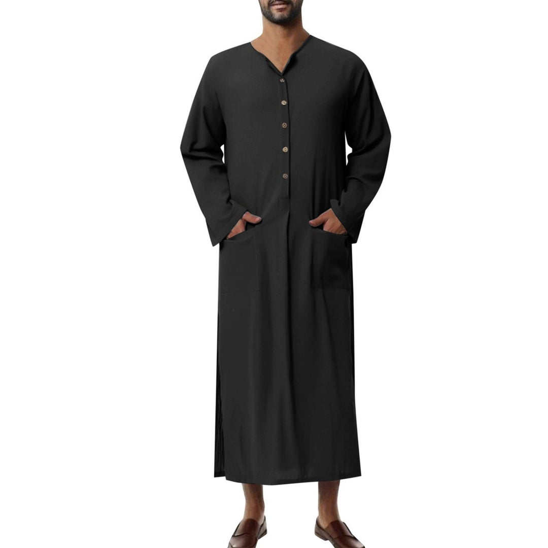 Men's Relaxed-Fit Linen Maxi Tunic Kaftan Elbow-Sleeve - Black