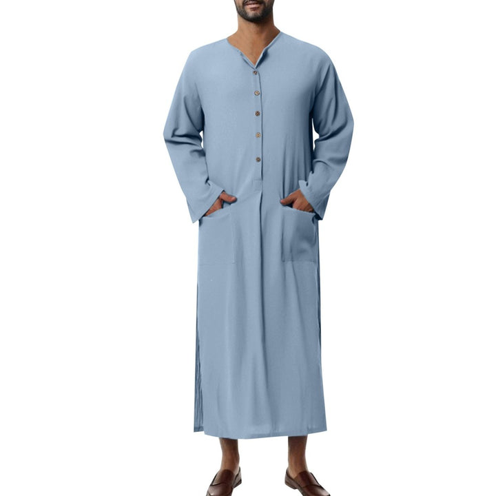 Men's Relaxed-Fit Linen Maxi Tunic Kaftan Elbow-Sleeve - Light Blue