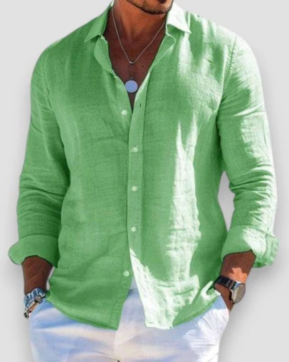 Men's Relaxed-Fit Long Sleeve Linen Button-Up Shirt - Light Green