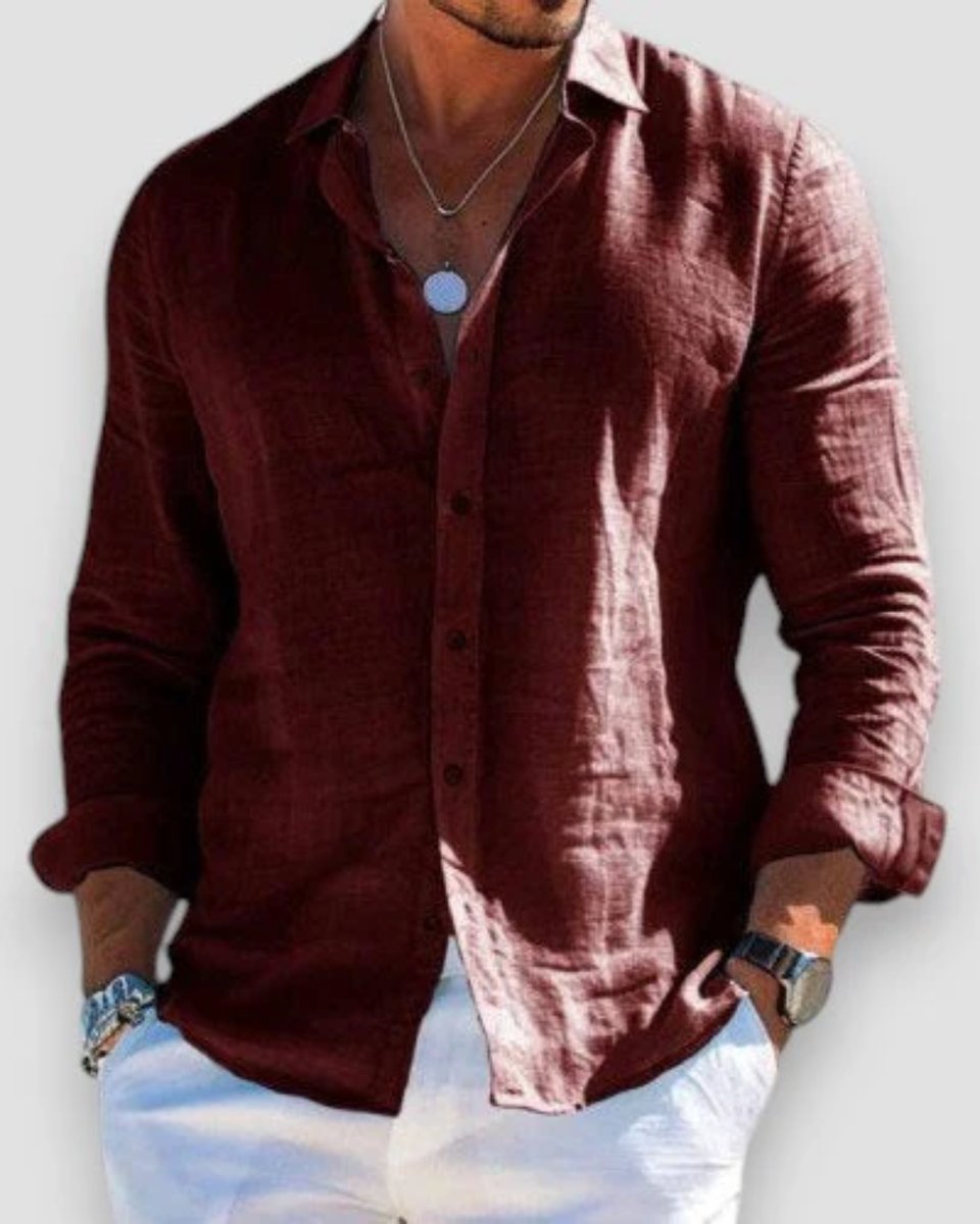 Men's Relaxed-Fit Long Sleeve Linen Button-Up Shirt - Brown