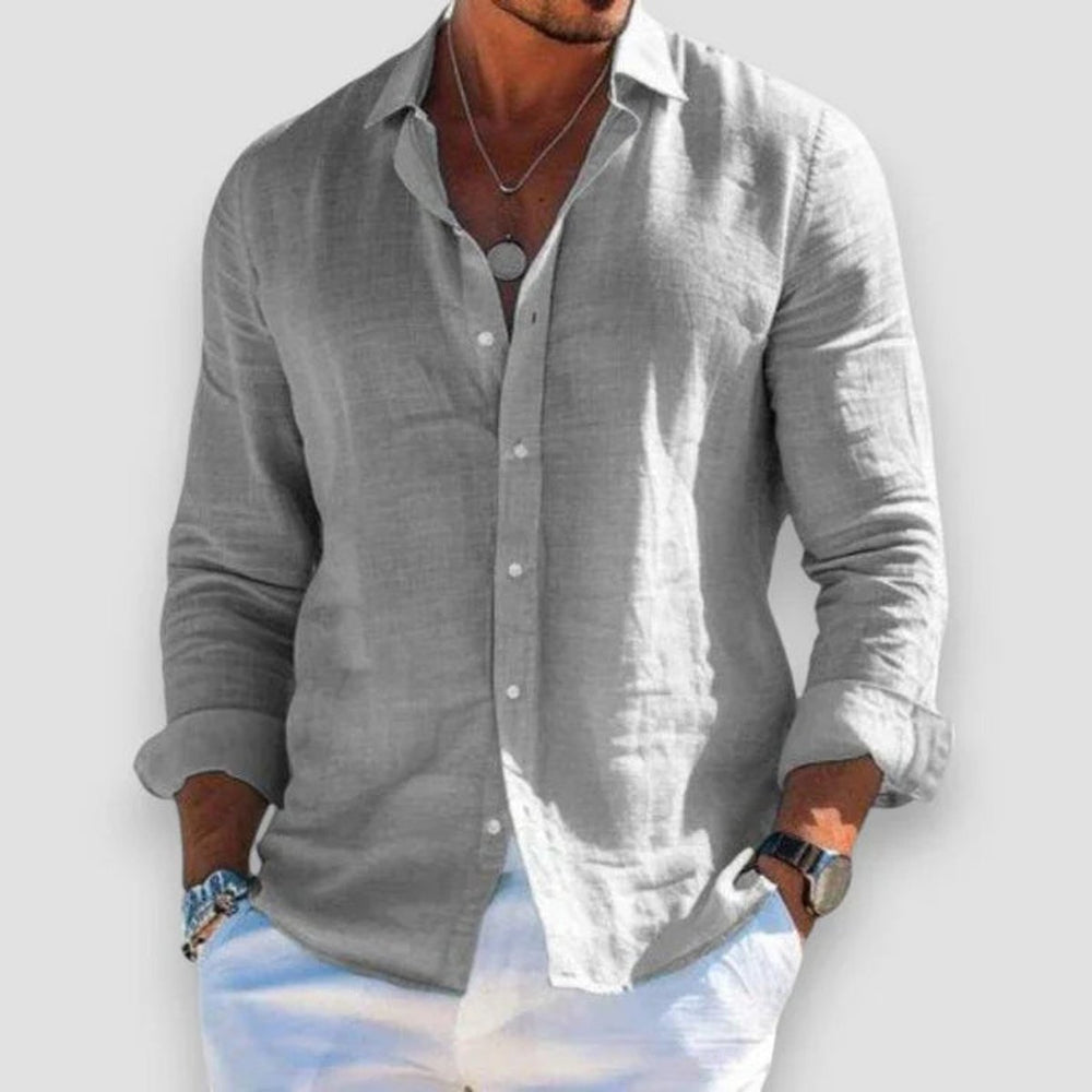 Men's Relaxed-Fit Long Sleeve Linen Button-Up Shirt - Gray