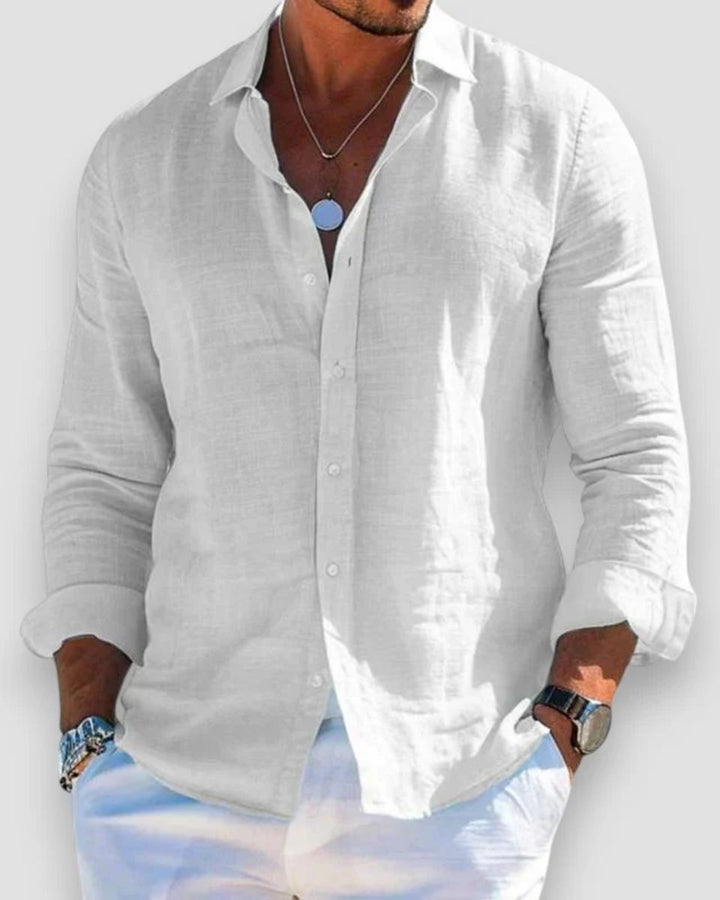 Men's Relaxed-Fit Long Sleeve Linen Button-Up Shirt - White