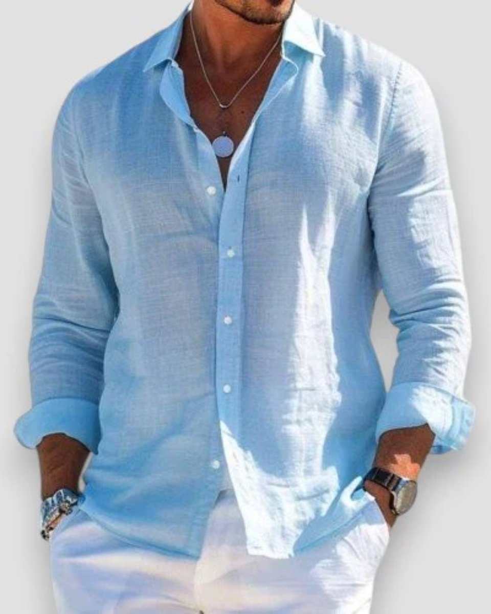 Men's Relaxed-Fit Long Sleeve Linen Button-Up Shirt - Blue