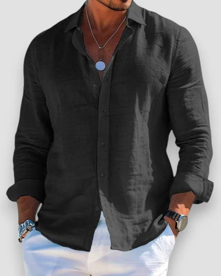 Men's Relaxed-Fit Long Sleeve Linen Button-Up Shirt - Black