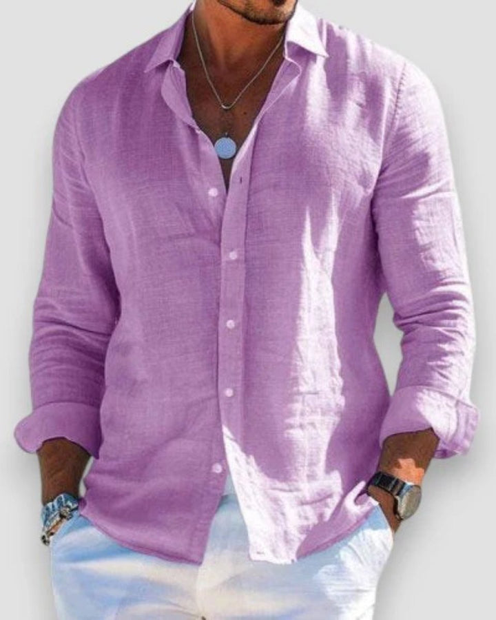 Men's Relaxed-Fit Long Sleeve Linen Button-Up Shirt - Purple