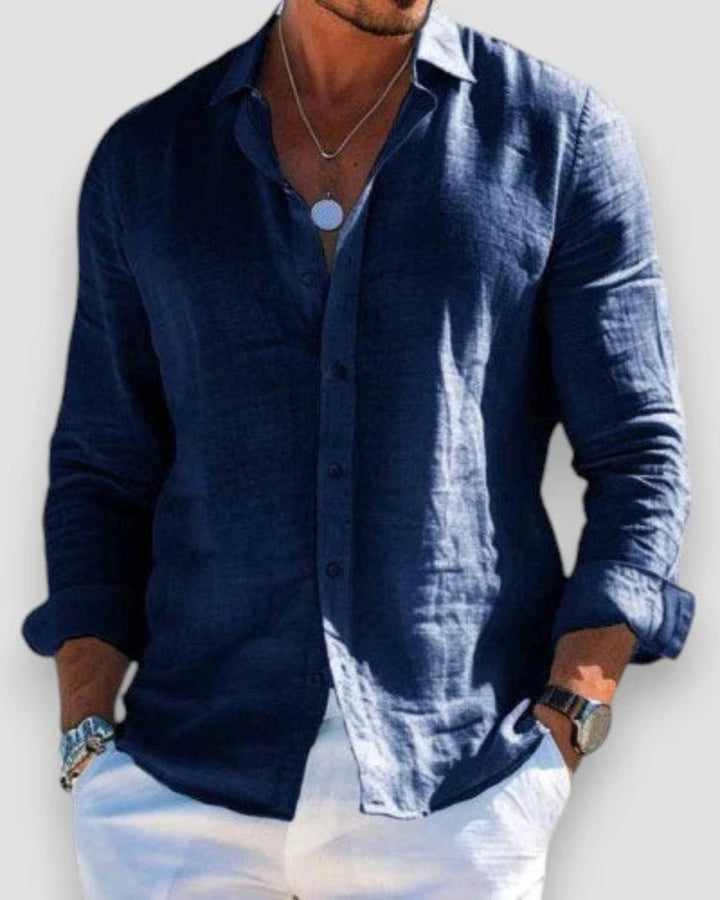 Men's Relaxed-Fit Long Sleeve Linen Button-Up Shirt - Navy Blue