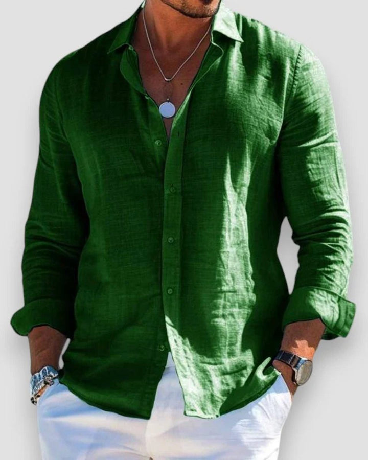 Men's Relaxed-Fit Long Sleeve Linen Button-Up Shirt - Green