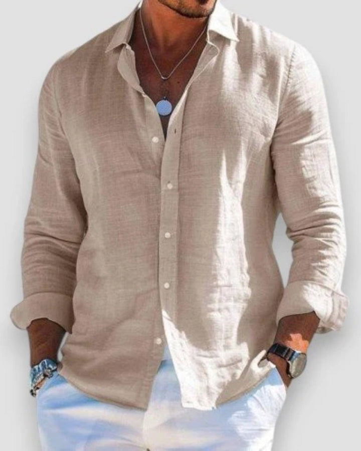 Men's Relaxed-Fit Long Sleeve Linen Button-Up Shirt - Khaki