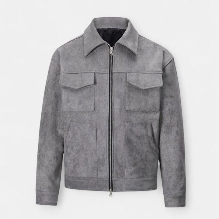 Men's Relaxed-Fit Suede Zip-Up Notch-Lapel Bomber Jacket - Gray
