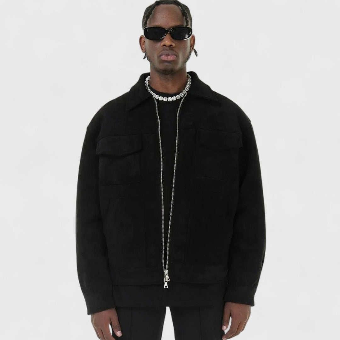 Men's Relaxed-Fit Suede Zip-Up Notch-Lapel Bomber Jacket