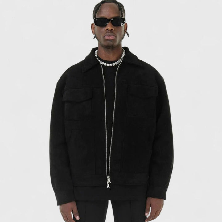 Men's Relaxed-Fit Suede Zip-Up Notch-Lapel Bomber Jacket