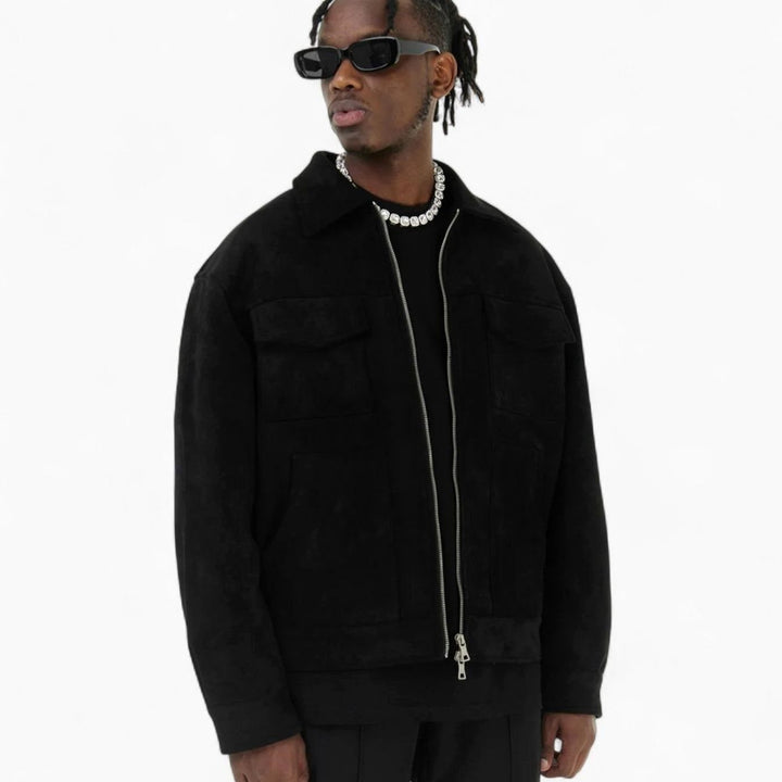 Men's Relaxed-Fit Suede Zip-Up Notch-Lapel Bomber Jacket