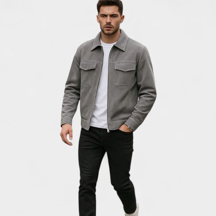 Men's Relaxed-Fit Suede Zip-Up Notch-Lapel Bomber Jacket