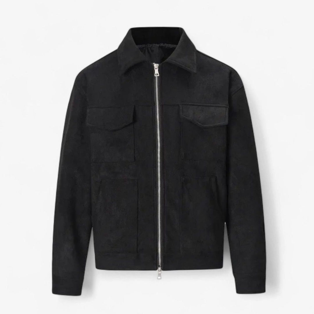 Men's Relaxed-Fit Suede Zip-Up Notch-Lapel Bomber Jacket - Black