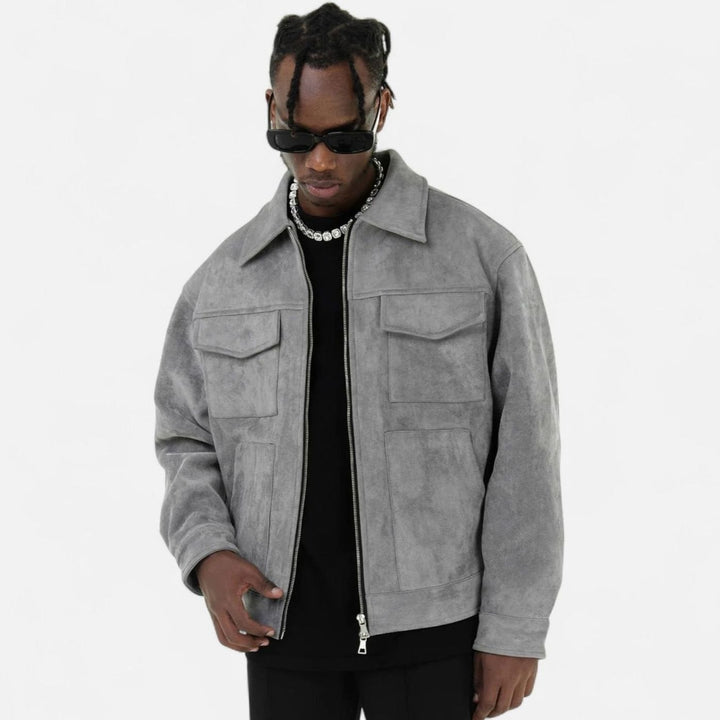 Men's Relaxed-Fit Suede Zip-Up Notch-Lapel Bomber Jacket