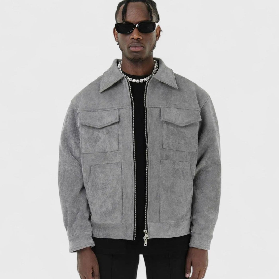 Men's Relaxed-Fit Suede Zip-Up Notch-Lapel Bomber Jacket