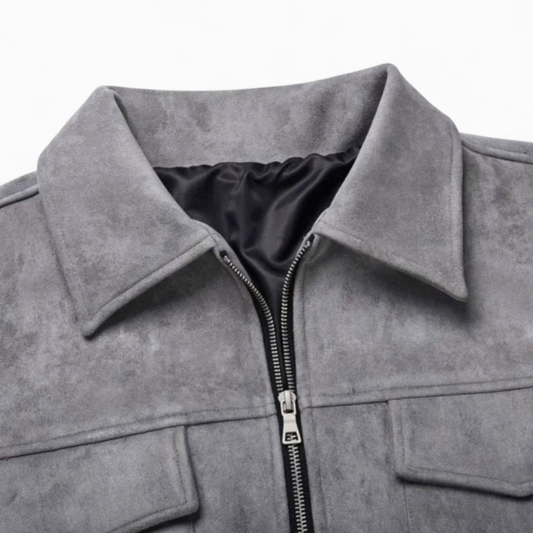 Men's Relaxed-Fit Suede Zip-Up Notch-Lapel Bomber Jacket